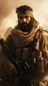 Desert tactical operative in wind-swept cinematic portrait.