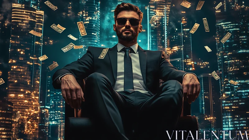 Power-suited magnate in neon cityscape with levitating cash