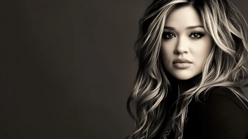 Monochrome closeup portrait of woman with wavy highlighted hair