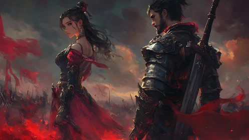 Battlefield couple in ornate armor amid red banners.