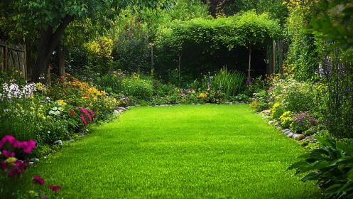 Sunlit garden lawn opens onto a lush flower-filled retreat