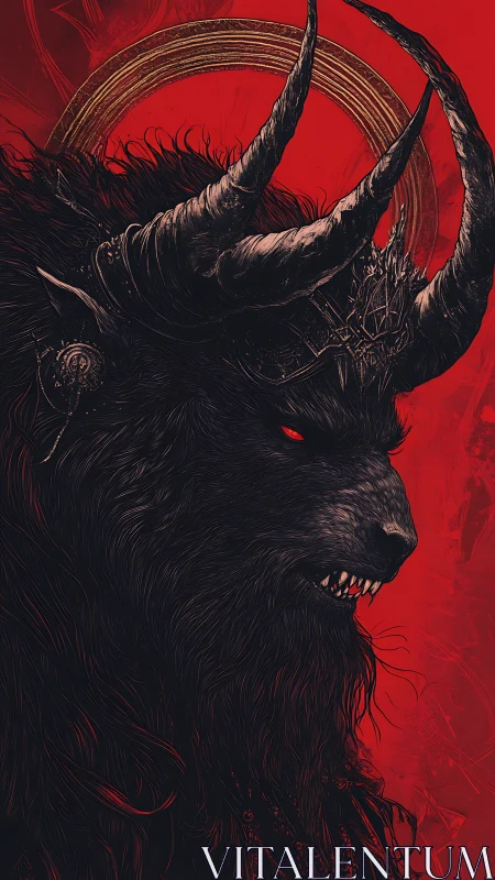 Demonic horned beast profile rendered with intricate linework and halo
