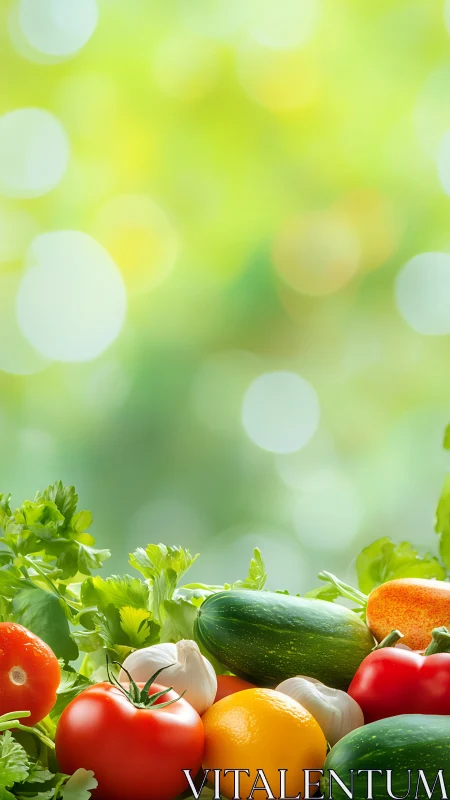 Assorted fresh vegetables with blurred green background.