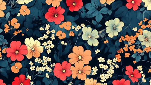 Colorful Garden Florals on Deep Navy Background.