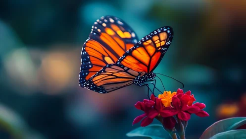 Monarch butterfly rests on vivid red flower in soft bokeh garden.