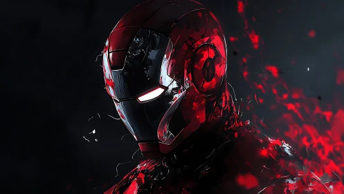 Crimson armored guardian lit by sparks in the shadows.