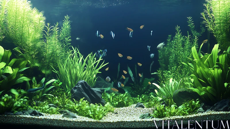 Planted freshwater aquarium with schooling tropical fish.