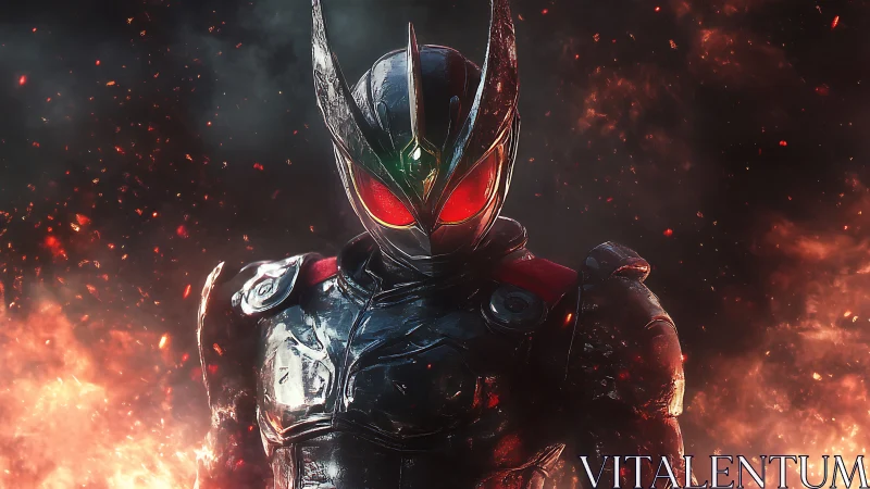 Armored cybernetic warrior emerges from infernal flames