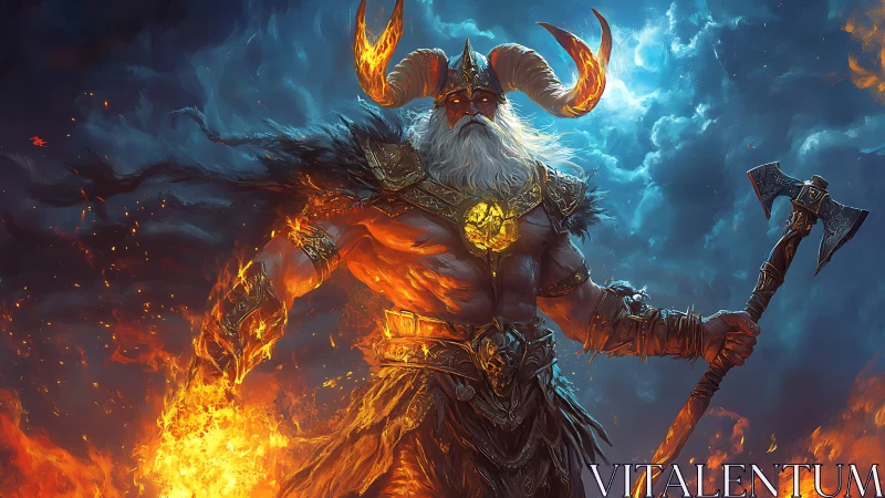 Fire demon warlord with molten armor in stormy sky.