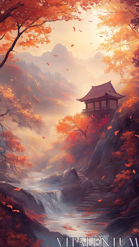 Autumn mountain stream with distant pagoda at sunrise.