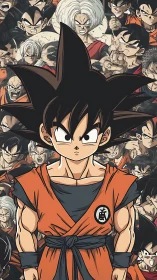 Central anime fighter is framed by multiple background portraits