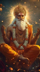 Radiant seated deity in golden aura with floating petals.