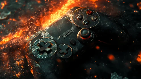 Game controller lies on molten, cracked lava surface