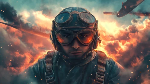 Storm-lit fighter pilot amid burning clouds of war.