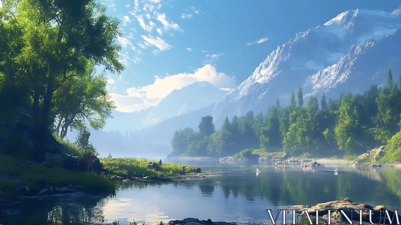 Mountain river valley glows under crisp morning light.