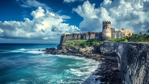 Coastal Fortress on Rocky Headland with Turquoise Waters.