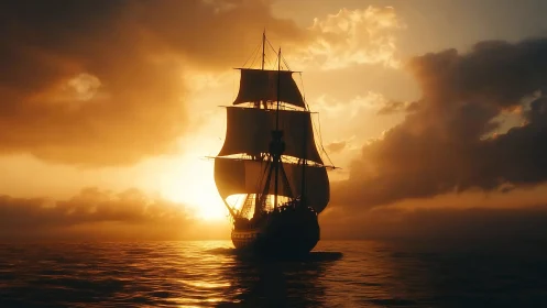 Tall ship silhouette under cinematic golden sunset sky.