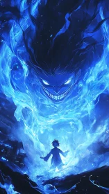 Midnight pyromancer summoning a grinning blue inferno spirit.