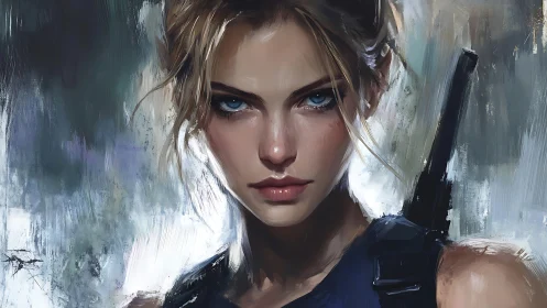 Warrior woman’s icy stare cuts through a storm of painted light