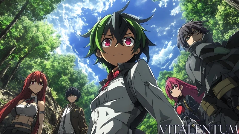 Brave anime heroes stand united beneath a bright forest sky.