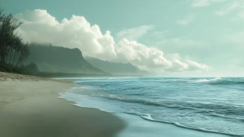 Photorealistic tropical shoreline with misted mountain backdrop.