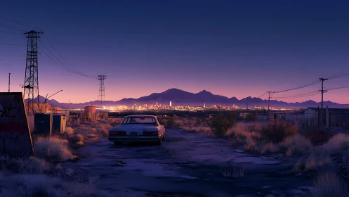 Twilight desert roadway with retro car facing distant city grid.