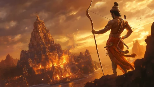 Warrior archer overlooking burning temple city at sunset.