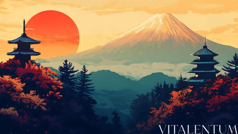 Mount Fuji landscape with temples and red sun at dusk.
