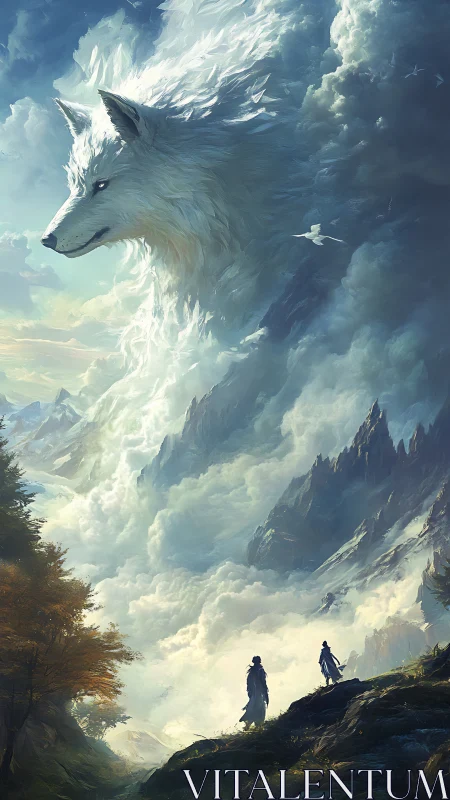Celestial wolf spirit emerges from storm-wreathed mountains