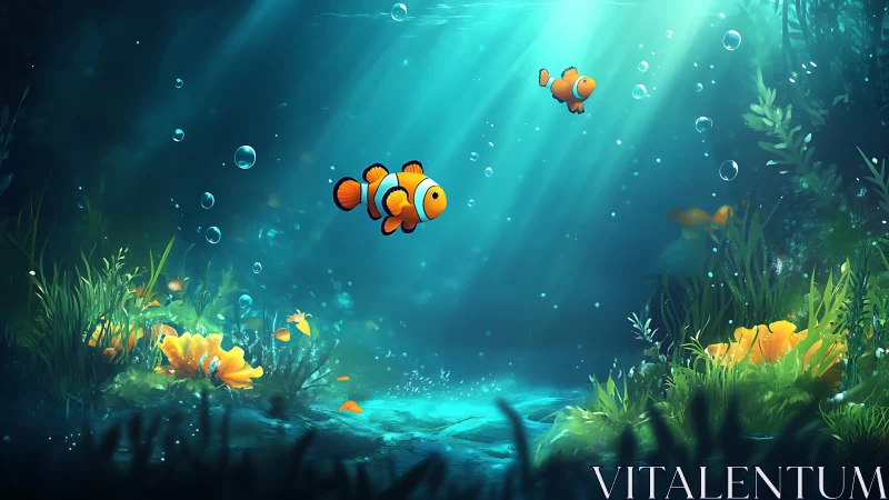 Clownfish in illuminated underwater reef environment.