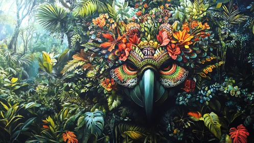 Vivid jungle mask emerges as a guardian spirit of nature