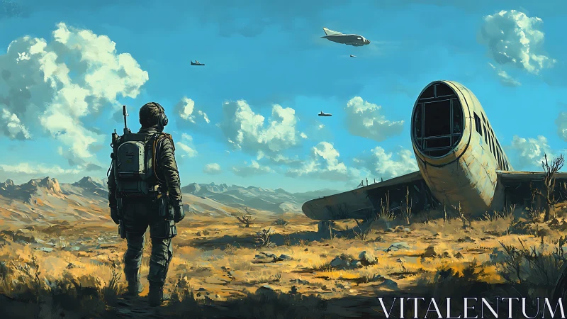 Lone explorer near crashed aircraft in vast desert landscape.