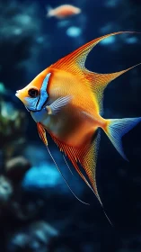 Radiant orange angelfish gliding through deep blue reef waters.