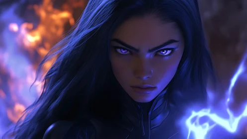 Storm-eyed sorceress commands crackling blue lightning power