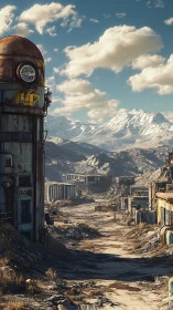 Deserted industrial road extends toward distant snowy mountains