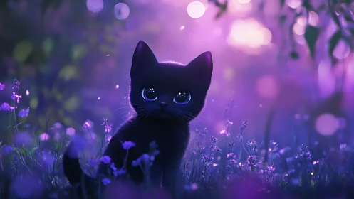 Black cat with luminous eyes in flowering meadow environment.