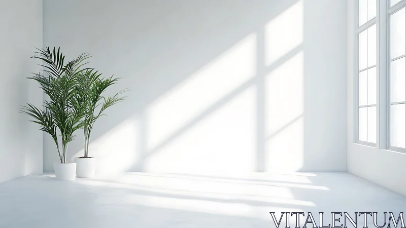Minimalist white interior shows strong side lighting and potted palms