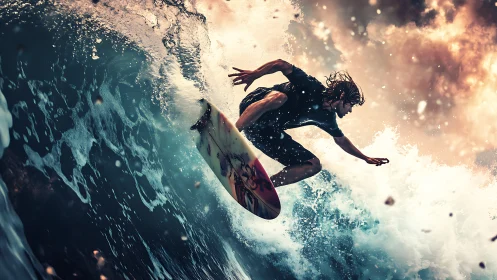 Surfer carves explosive barrel under storm-lit sky.