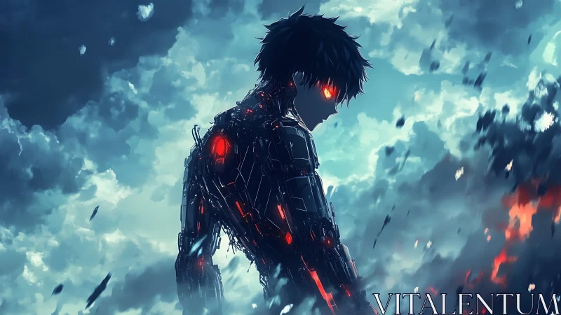 Stormlit cybernetic loner with ember-bright eyes stands.