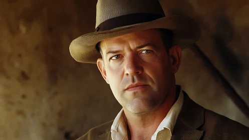 Rugged man in fedora under warm cinematic side light.