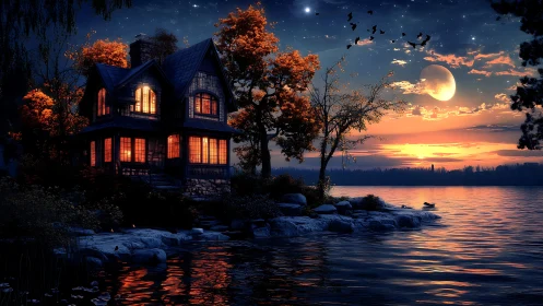 Lakeside house under moonlit sky at vivid autumn sunset.