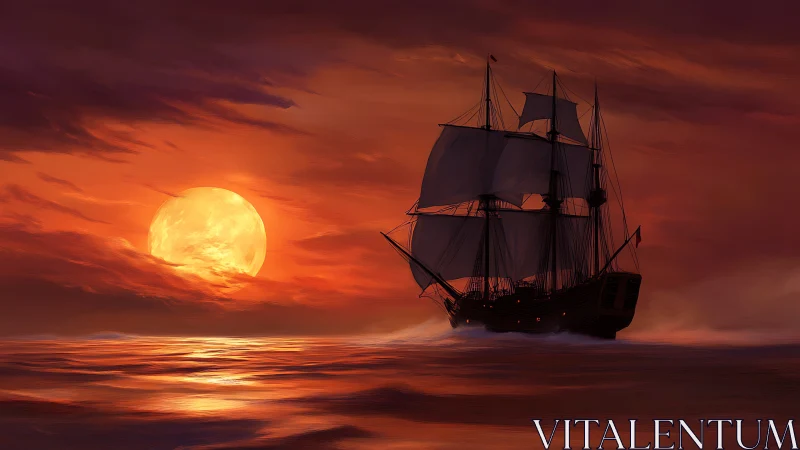 Tall ship gliding through a glowing crimson sunset sea.
