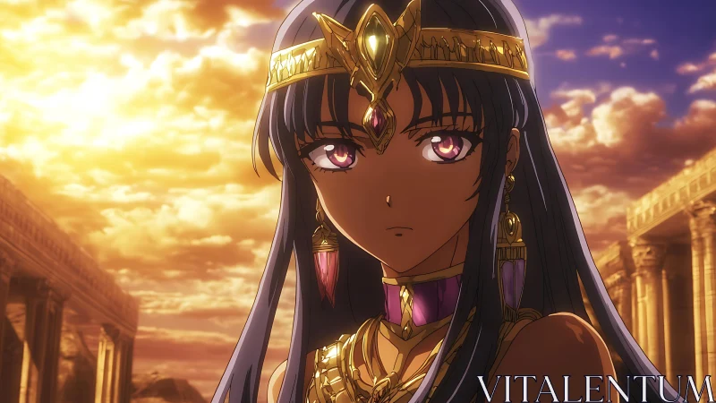 Regal anime queen under blazing sunset above ruins.