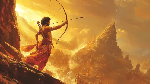 Mythic archer poised against blazing temple citadel sky.