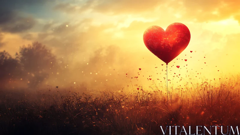 Heart-Shaped Balloon Ascending Through Golden Atmospheric Gradient.