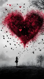 Particle Dispersal Heart Form: Silhouetted Figure Beneath Red Explosive Matter.