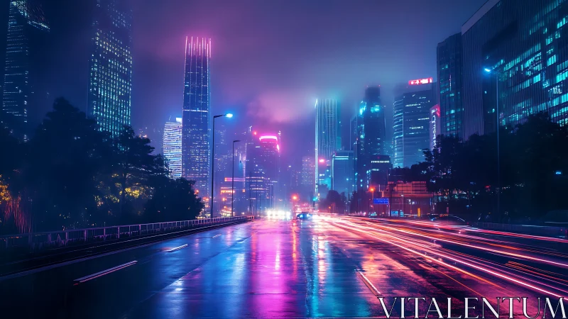 Cyberpunk neon cityscape with motion trails and wet asphalt surface.