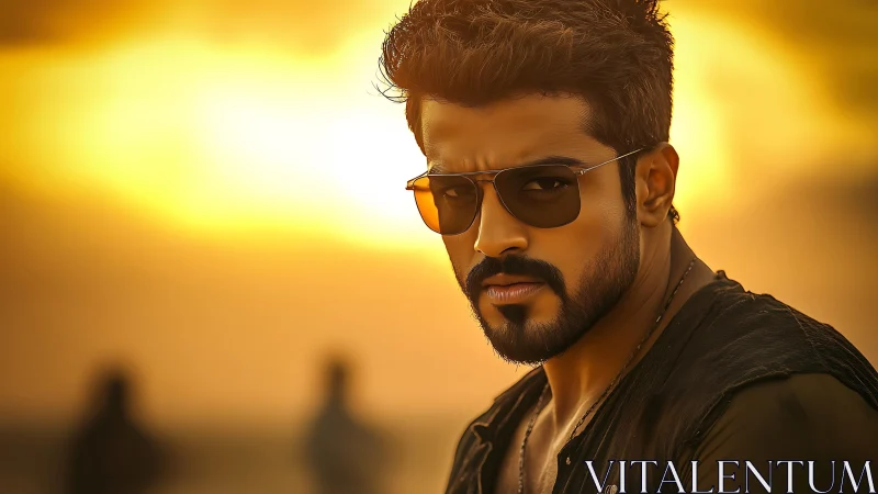 Cinematic male portrait in warm sunset backlight composition.