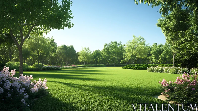 Morning light pirouettes across a serenely kept garden lawn