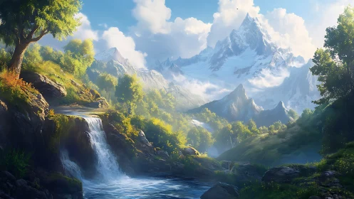 Sun-kissed cascade beneath a sky-piercing crystal peak.